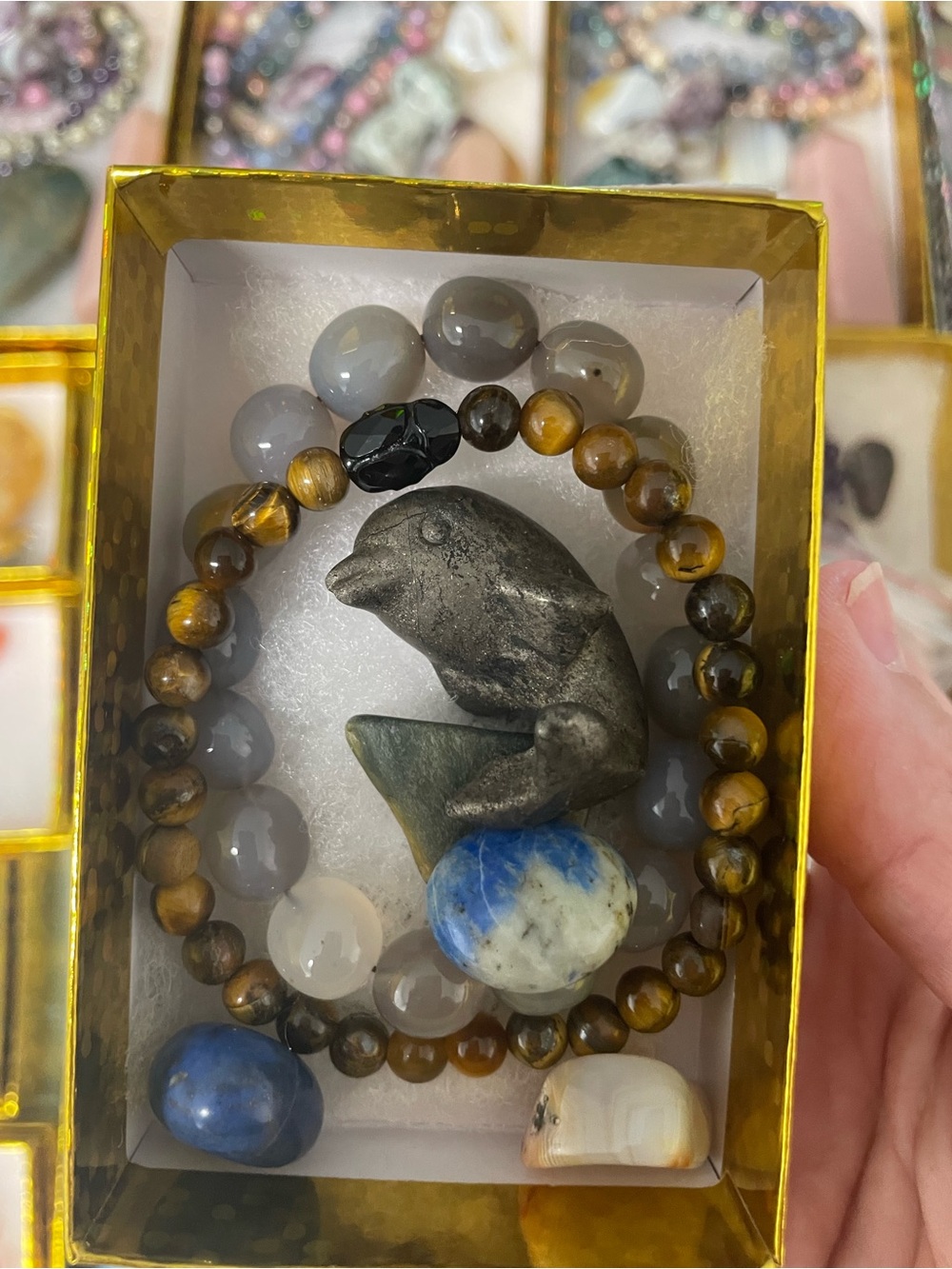 Stretch Crystal beaded bracelet and Crystal carving goodie box